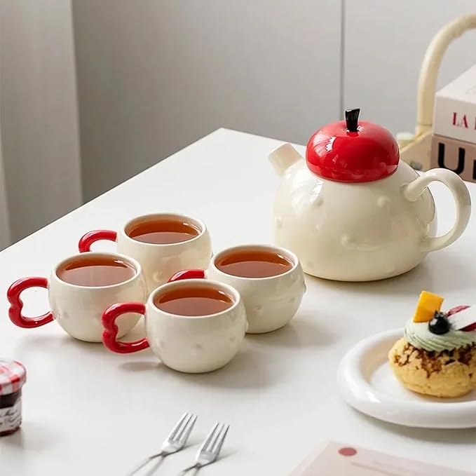 Apple-themed Modern Tea Set, 1 Teapot (28.7oz), 4 Teacups and 1 Tea Tray, Porcelain Tea Set for Adults, Cute Tea Set for Women Tea Party, Gift Package - Bloomnest