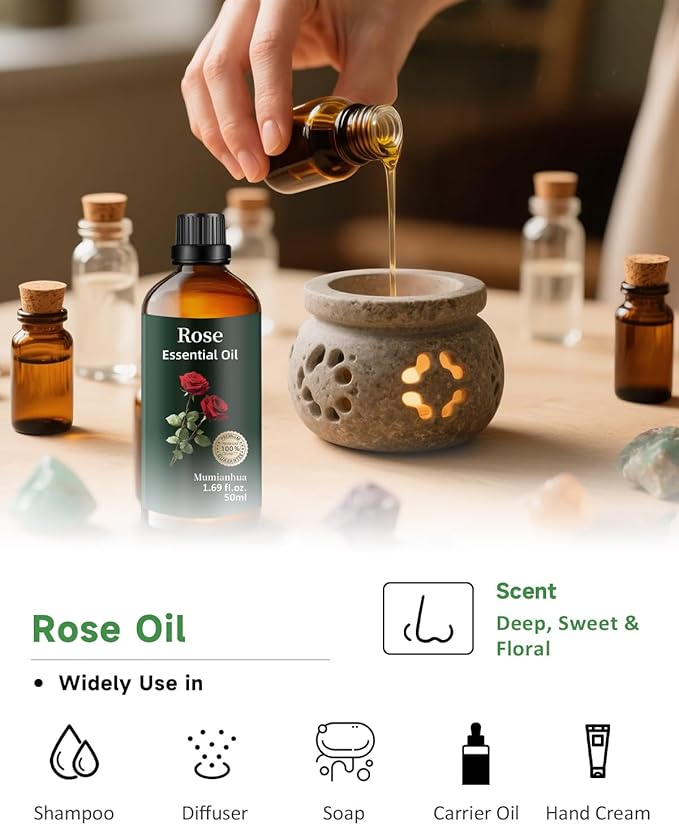 Pure Rose Essential Oil, Mumianhua Natural Rose Oil for Reed Diffuser, Air Freshener, Aromatherapy, Relaxation, Skin,Hair, Cologne, Candles Making, Evening Wellness, Romantic Atmosphere 1.69 Fl Oz - Bloomnest