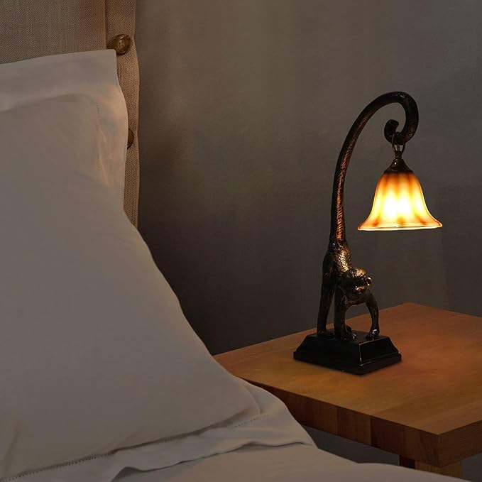 Eapmic Table Lamp, Resin Monkey Desk Lamp, Retro Bedside Light Animal Table Lamp with Trumpet Shade, Monkey Light for Bedroom Living Room Kids Room Office Home Decoration (Style 1) - Bloomnest