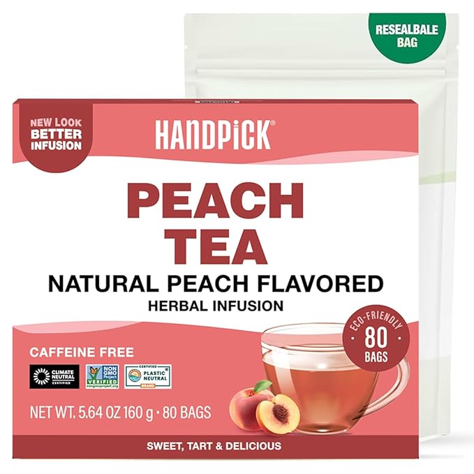 HANDPICK, Peach Tea Bags (80 Count) Non-GMO, Caffeine-Free - Peach, Hibiscus, Cinnamon, Cloves, Ginger | Floral & Refreshing Herbal Tea Bags, Brew Iced Tea or Hot Tea - Bloomnest