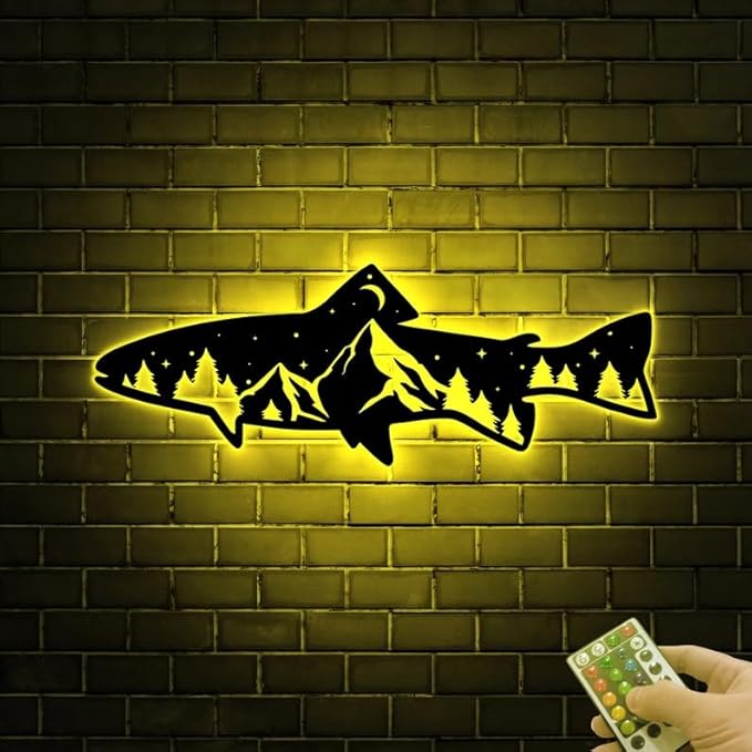 Personalized Neon Sign, Trout Fish Mountain Metal Wall Art Led Light, Fishing Gifts for Men, Gift for Dad, Fish and Trees Sign, Cabin Lodge Decor, Fisherman Gift - Bloomnest