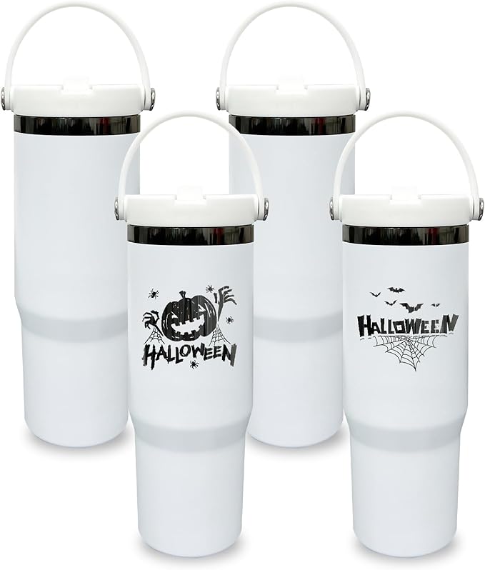 30 oz Tumbler with Handle, Double Wall Vacuum Insulated Tumblers with Flip Straw, Coffee Mug 30oz Powder Coated Cup for Hot and Cold Drinks(Black Plated, White,4 pack)