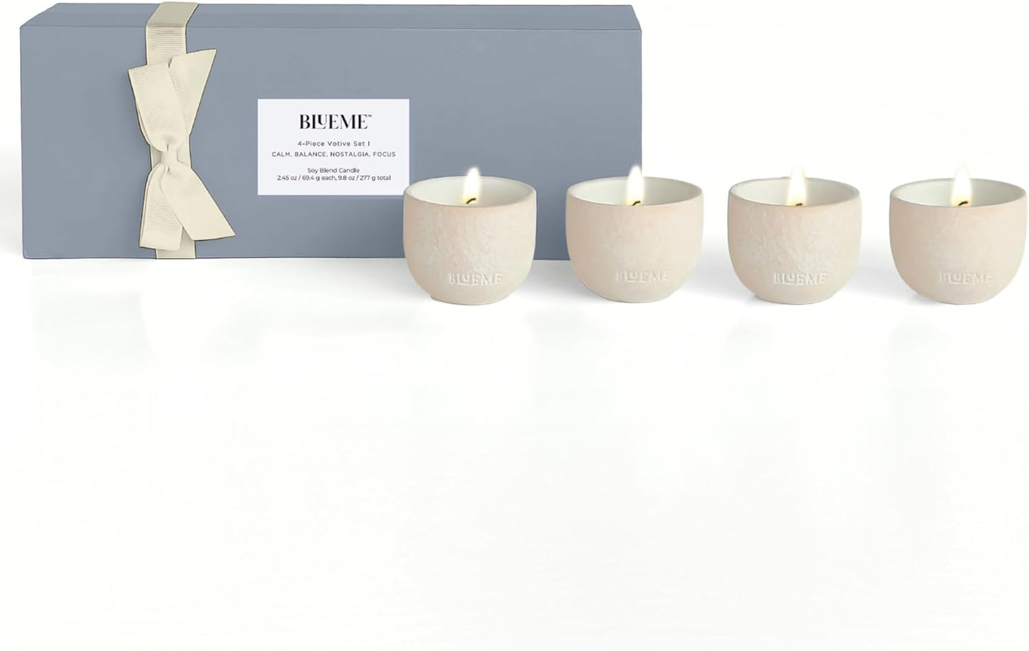 BLUEME Balance-White Lotus & Tea, Focus-Eucalyptus & Lime, Nostalgia-Bergamot & Musk, Calm-Osmanthus & Sandalwood, 4pk Wellness Travel Candle Votive, Sustainable, Contains Essential Oil, Soy-Wax Blend