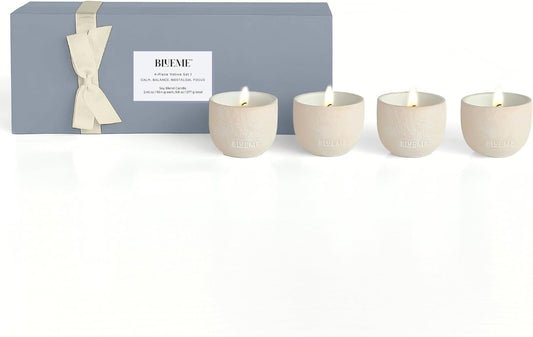 BLUEME Balance-White Lotus & Tea, Focus-Eucalyptus & Lime, Nostalgia-Bergamot & Musk, Calm-Osmanthus & Sandalwood, 4pk Wellness Travel Candle Votive, Sustainable, Contains Essential Oil, Soy-Wax Blend