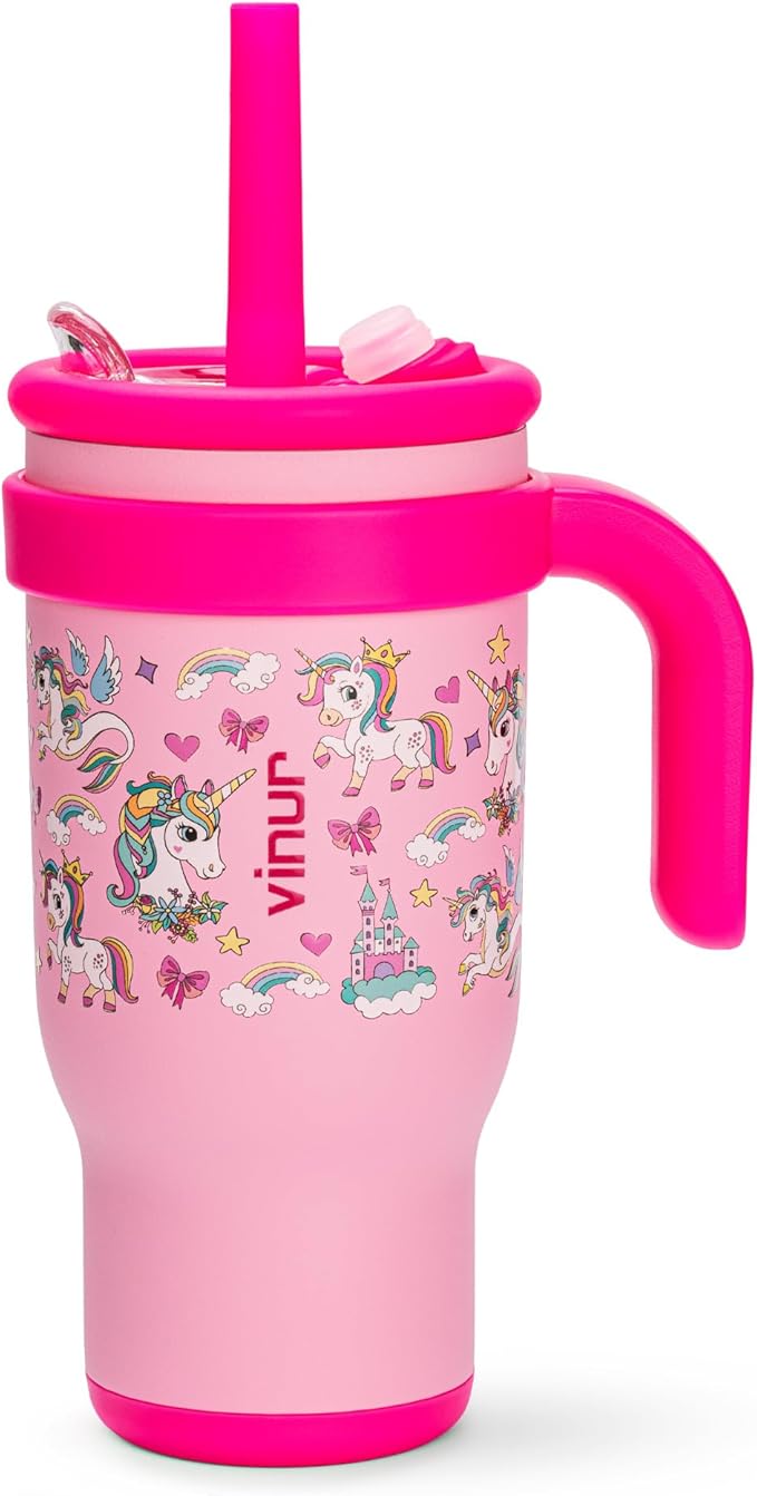 VINUR Kids Insulated Tumbler with Handle 17 oz Stainless Steel Vacuum Water Tumbler Mug with Leak Proof Lid and Straw|Gift for Boys Girls 6+| Cup Holder Friendly, Unicorn - Bloomnest