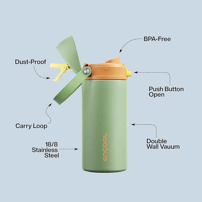 Insulated Water Bottle with Straw - Encool Stainless Steel Water Bottle with Push Button Lid, Leak-Proof & BPA-Free, Keeps Cold for 24 Hours for Sports, Travel, Gym (18 oz, Lichen-Yellow) ENCOOL