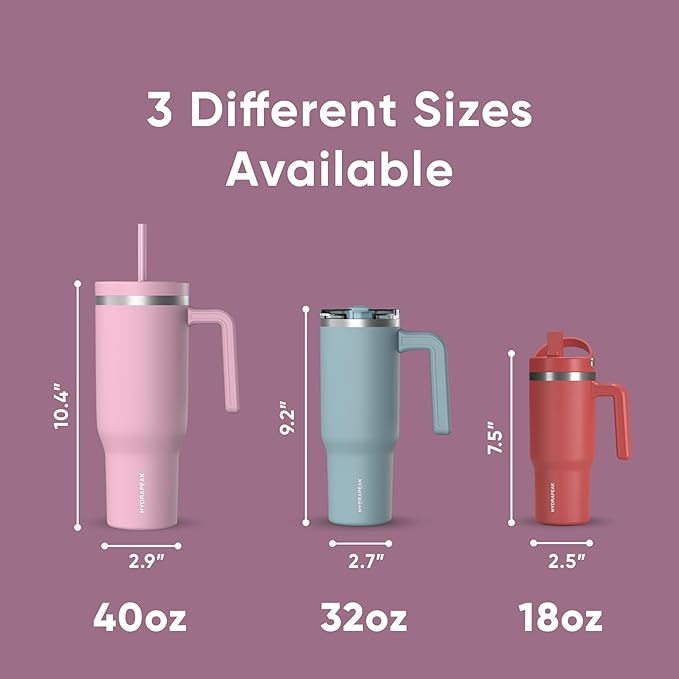 Hydrapeak Voyager 40 Oz Stainless Steel Tumbler with Handle, Insulated Water Bottle With Straw & Lid, Cupholder Friendly Reusable Travel Mug (Fuchsia) - Bloomnest