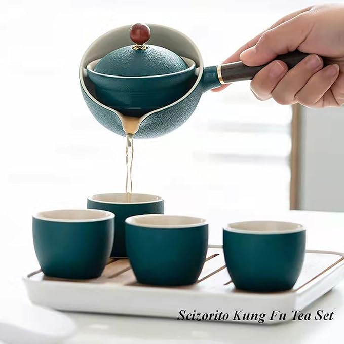 Ceramic Portable Travel Tea Set, Chinese Kungfu Tea Set with 360 Rotation Teapot and Infuser, 4 Tea Cups, Tea Tray And Travel Bag (Green)