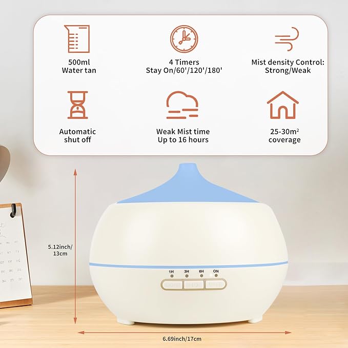 HAPPTWS 500ML Essential Oil Diffuser - BPA Free Ultrasonic Aromatherapy Diffuser, with 7-Color Lights - Waterless Auto Shut Off - Milky white HAPPTWS
