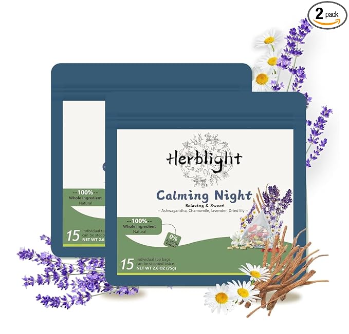 HerbLight Sleep Tea for Bedtime Extra Strength with Organic Ashwagandha & Chamomile Lavender, Caffeine-Free Bedtime Time Tea, Calming Herbal Tea for sleep, Sleeping tea-15 Night Time Tea Bags (2 Pack) - Bloomnest
