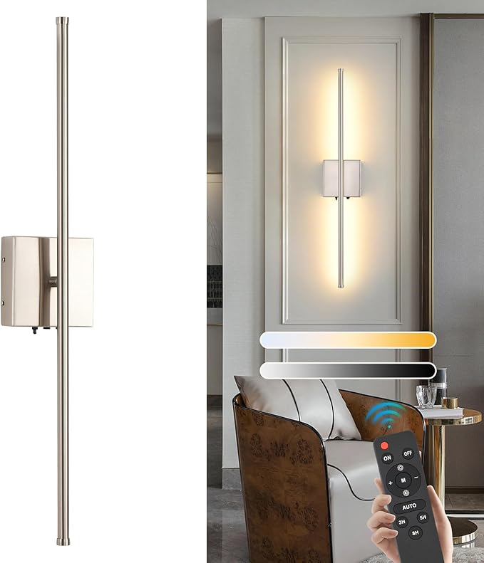 Wireless Battery Operated Wall Sconces, 11000mAh Rechargeable Brushed Nickel Wall Light with Remote Control, 350°Rotate Dimmable Wall Lamp, 3 Color Temperatures, for Bedroom Living Room Hallway, 1 PCS - Bloomnest