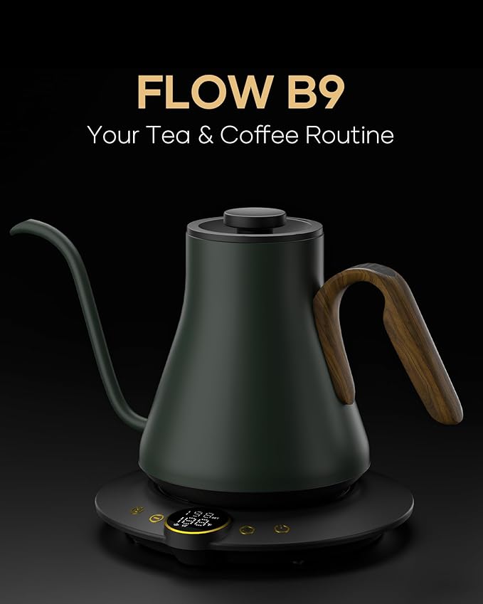 Cocinare FLOW B9 Gooseneck Electric Kettle, Precise Temperature Control for Pour-Over Coffee & Tea Brewing, Stainless Steel Interior, Rapid Heating for Boiling Water 1500W/0.9L (Delacroix Green) - Bloomnest