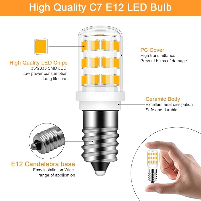 E12 LED Bulb 40w Replacement LED Candelabra Bulbs C7,Type B Candelabra Base 3000K Warm White, E12 4W LED Light Bulbs for Ceiling Fan Pendant Lighting Salt Lamp,Non-Dimmable,2 Pack - Bloomnest