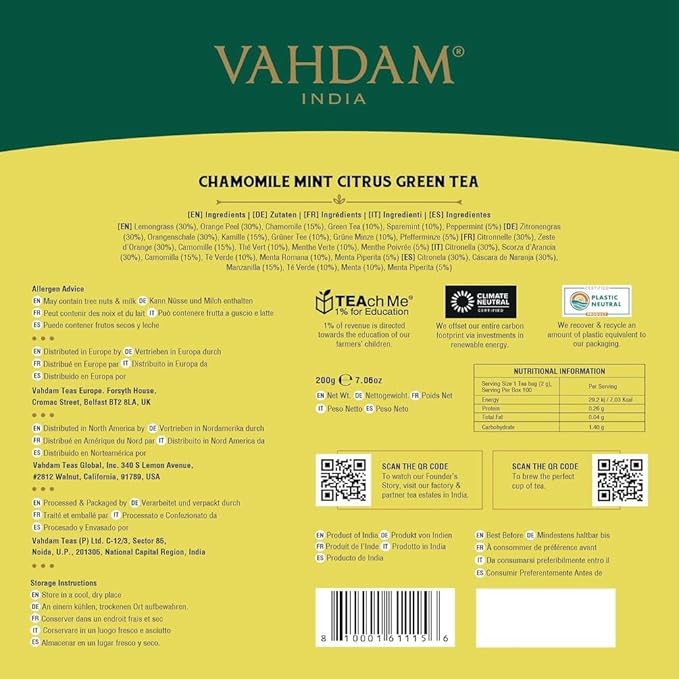 VAHDAM, Chamomile Herbal Tea (100 Pyramid Tea Bags) Resealable Ziplock Pouch | Caffeine Free, Non GMO, Gluten Free | 100% Pure Tisane - Sweet & Floral | Made With Natural Chamomile Flowers - Bloomnest