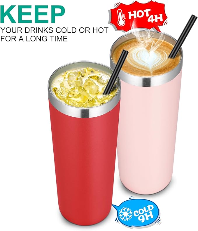 VEGOND 20 oz Stainless Steel Skinny Tumbler with Lids and Straws, 20oz Double Wall Insulated Slim Tumbler Cup for Cold Hot Drinks, Red 1 Pack - Bloomnest