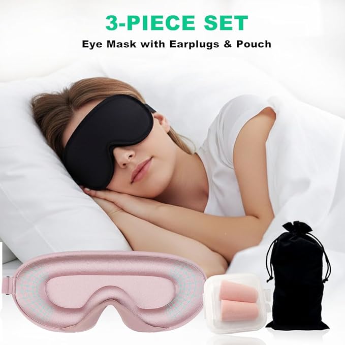 3D Sleep Mask for Side Sleepers, Blackout & Zero Pressure - Breathable Memory Foam, Adjustable Strap - for Travel, Yoga & Meditation Pink - Bloomnest