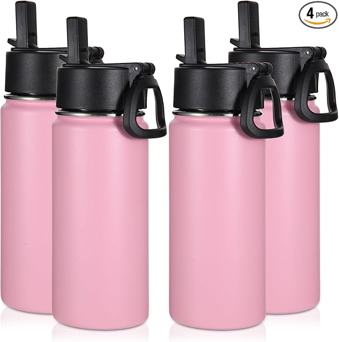 Volhoply 16 OZ Kids Water Bottle Bulk 4 Pack,Insulated Sports Bottles with Straw Lid,Stainless Steel Bottle with Handle Keep Cold & Hot,Double Wall Vacuum Tumbler Cups for School,Girls(Pink, 4) - Bloomnest