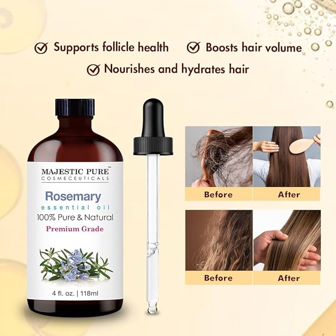 Majestic Pure Rosemary Essential Oil with Glass Dropper - Huge 4 Fl Oz - 100% Pure and Natural Rosemary Oil - Premium Grade Essential Oils for Diffuser, Aromatherapy, Soap and Candle Making - Bloomnest