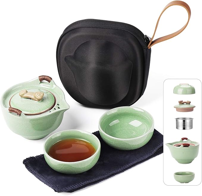 Travel Ceramic Tea Pot Set, Chinese Kung Fu Teapot 1 Pot 2 Mini Cup Porcelain Gongfu Teacups with Infuser Portable Bag All in One for Picnic Outdoor Camping Hotel