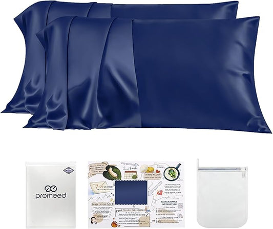 PROMEED 23 Momme Silk Pillowcase 2 Pack with Zipper, 3rd Gen Grade 6A+ 100% Mulberry Silk Pillow Case Set of 2, Cooling Pillow Cases for Hot Sleepers (Standard 20"x26", Navy) - Bloomnest