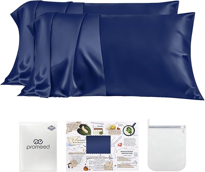 PROMEED 23 Momme Silk Pillowcase 2 Pack with Zipper, 3rd Gen Grade 6A+ 100% Mulberry Silk Pillow Case Set of 2, Cooling Pillow Cases for Hot Sleepers (King 20"x36", Navy) - Bloomnest