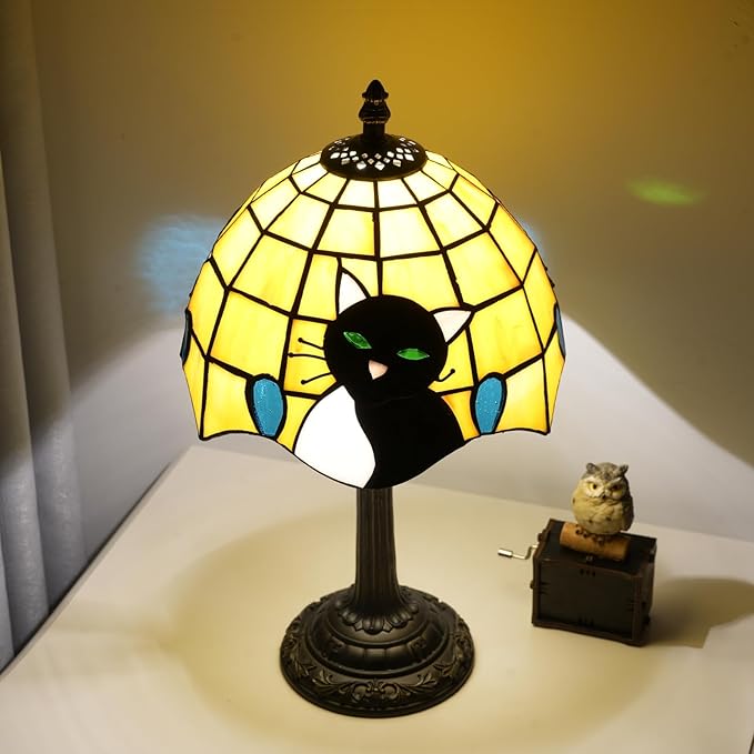 Small Tiffany Lamp Stained Glass Table Lamp Elegant Cute Retro Vintage Style White Black Cat Bedside Night Lamp For Nightstand Bedroom Home Decor Kitchen Counter Antique Living Room Office Fun Lamps - Bloomnest