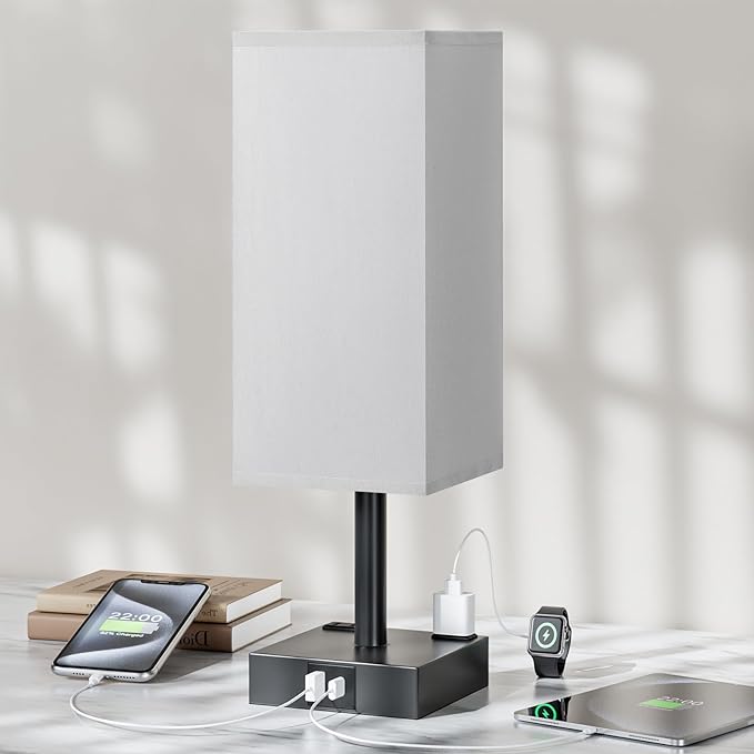 Touch Bedside Table Lamp For Nightstand - 3-Way Dimmable Night Lamp with USB A + Type C Charging Ports and two AC Outlets, Small Desk Light with E26 LED Bulb for Bedroom Living Room Office, Grey Black - Bloomnest