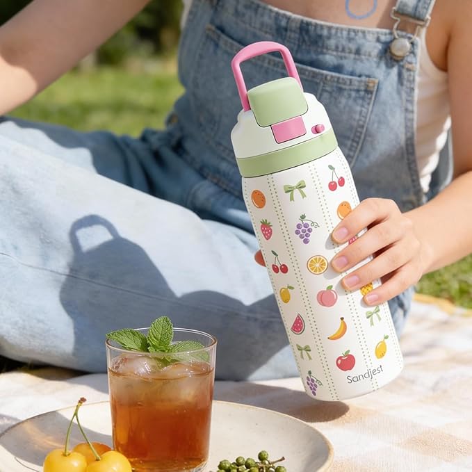 Fruits Stainless Steel Water Bottle, Vacuum Insulated, Push-Button Lid, 32 oz, Gifts for Women Girls Friends Teens Birthday Christmas SANDJEST