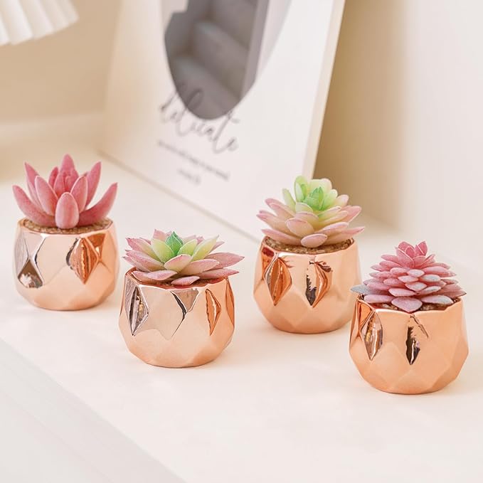Tiita 4 Pack Artificial Faux Succulents in Pots, Mini Rose Gold Fake Plants for Women Desk, Small Realistic Faux Succulents for Home Office Accessories Window Sill Bathroom Bedroom, Rose Gold - Bloomnest