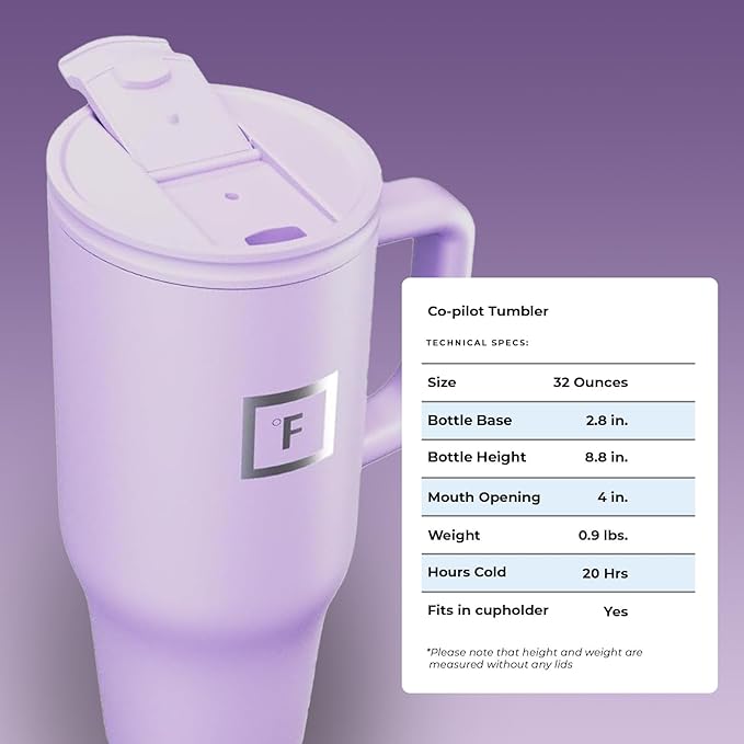 IRON °FLASK Co-Pilot Insulated Mug w/Straw & Flip Cap Lids - Cup Holder Bottle for Hot, Cold Drink - Leak-Proof - Water, Coffee Portable Travel Mug - Lavender, 32 Oz - Bloomnest
