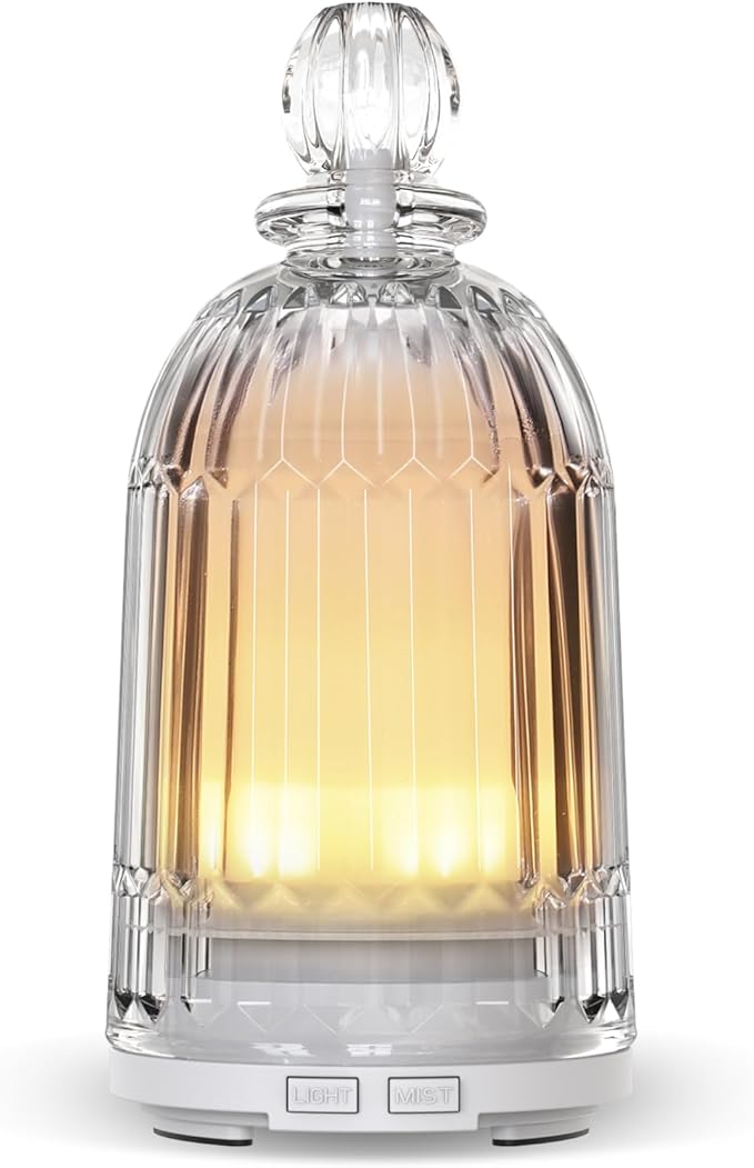 Glass Essential Oil Diffuser, Aroma Diffusers with Glass Cover & Plastic Reservoir Small Humidifiers with 7 Color LED Lights Auto-Off for Home Office Bedroom Yoga 120ml(White Bottom) - Bloomnest