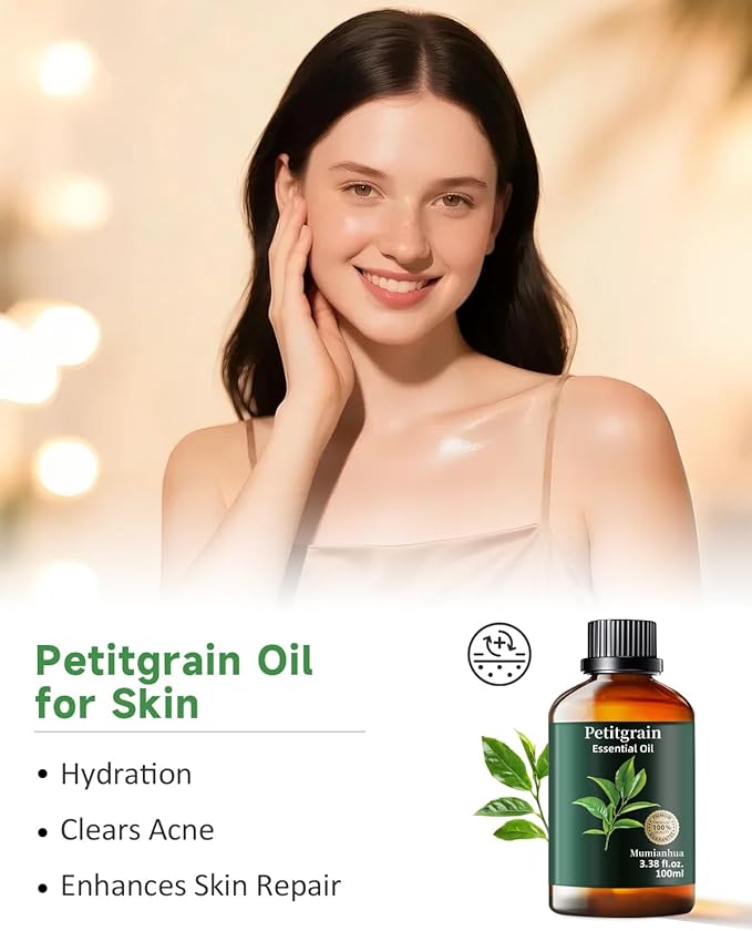 Pure Petitgrain Essential Oil, Mumianhua Natural Petitgrain Oil for Diffuser, Humidifier, Skin, Hair, Aromatherapy, Massage, Daily Calm, Balance Support, Relaxation, Soap, Candle Making 3.38 Fl Oz - Bloomnest