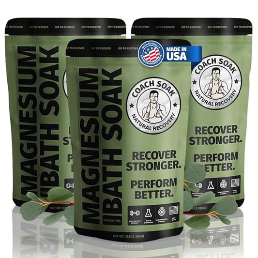 Coach Soak Recovery Bath Soak - Alternative to Epsom Salt Bath Soak - Fast-Absorbing Pure Magnesium Flakes with 21 Minerals, Bath Salts & Essential Oils - 9 lb (3 Pack) - Eucalyptus Tea Tree - Bloomnest