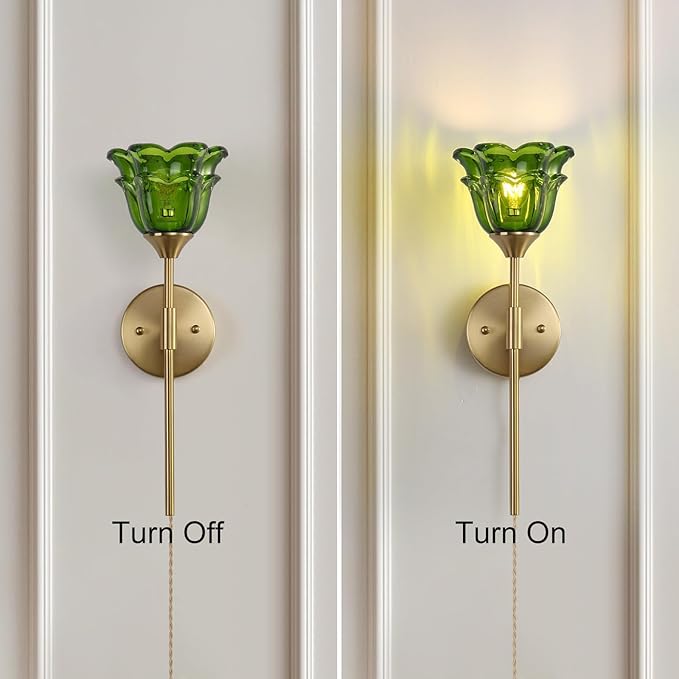 2 Pack Plug in Gold Wall Sconce with Green Glass Shades, Modern Mid Century Bathroom Vanity Wall Light Fixtures, Industrial Brushed Brass Wall Lamp, for Bedroom Mirror Living Room, ETL Listed - Bloomnest