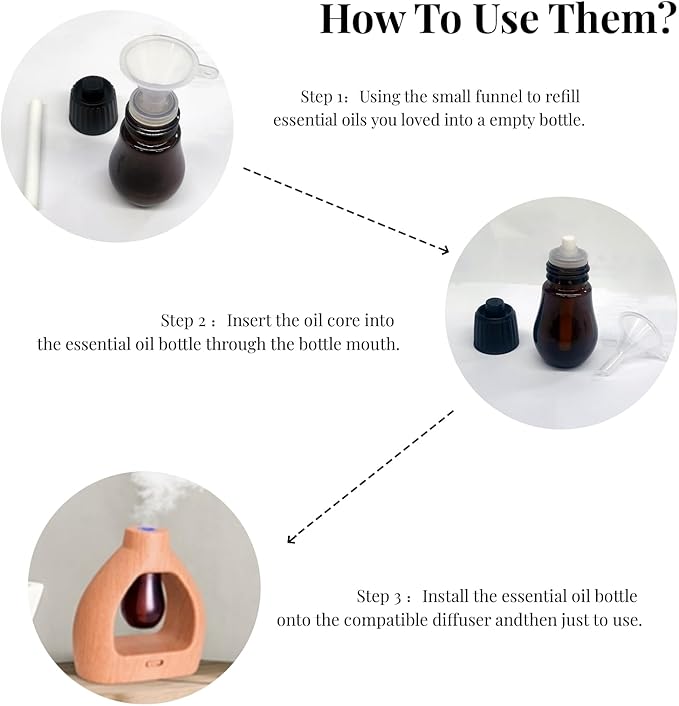2Pcs Empty Glass Bottles for Essential Oils 20ml with 12 Diffuser Cores & Mini Funnel Fits Waterless Diffuser - Refillable Liquid Sample Vials Test Container- Great for Oils Perfumes DIY Aromatherapy AGEMANY
