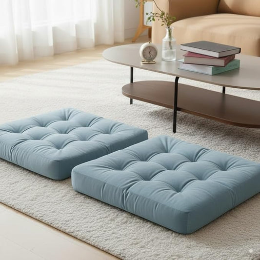Velvet Floor Pillow Set of 2, Square Large Pillows Seating for Adults, Tufted Cushions for Meditation, Yoga Tatami Living Room Chair, Machine-Washable & Dryer-Safe, Pastel Blue, 22x22 Inch - Bloomnest