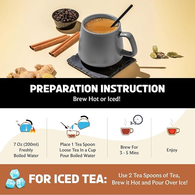 BREWIX, Masala Chai Tea Loose Leaf CTC TEA (125+ Cups, 8.82oz/250g) Strong Robust & Aromatic, All Natural | Blended with Exotic Spices | Ginger, Cinnamon, Cardamom, Clove & Black Pepper - Bloomnest