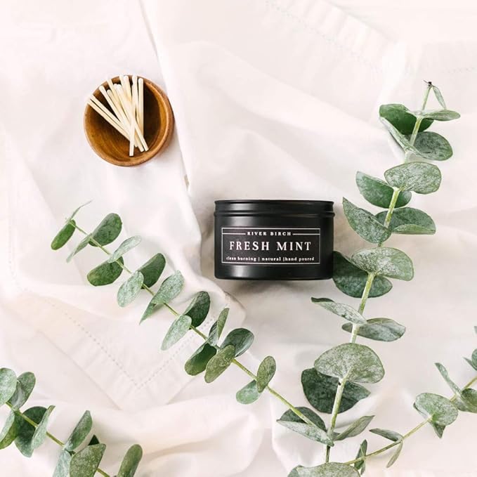 River Birch Candles Fresh Mint Scented Candle | Premium, All-Natural, Non-Toxic, Soy Candles | 8 oz. Black Matte Tin Travel Candle | Cozy Relaxing Gifts for Home - Bloomnest