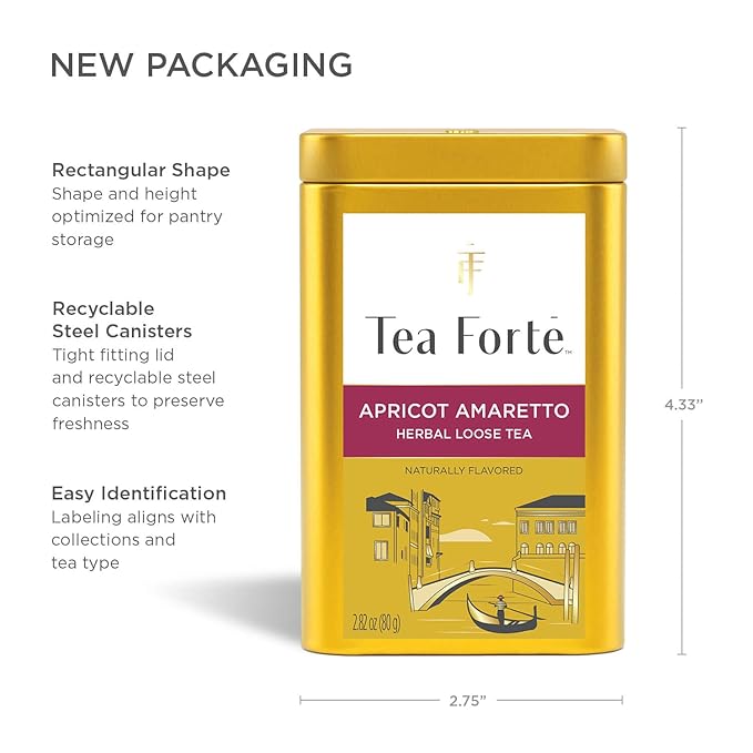 Tea Forte Apricot Amaretto Premium Loose Leaf Caffeine-Free Herbal Tea Blend Canister, Makes 35-50 Cups - Bloomnest
