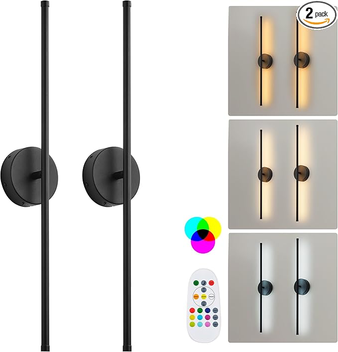 Battery Operated Wall Sconces Set of Two, with Remote Control, Dimmable, Warm White/Natural White/Daylight/RGB, 350°Rotate, LED Black Wireless Wall Light for Living Room, Bedroom, 24.4 Inch - Bloomnest