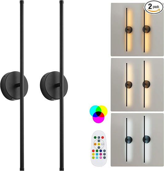 Battery Operated Wall Sconces Set of Two, with Remote Control, Dimmable, Warm White/Natural White/Daylight/RGB, 350°Rotate, LED Black Wireless Wall Light for Living Room, Bedroom, 28.3 Inch - Bloomnest