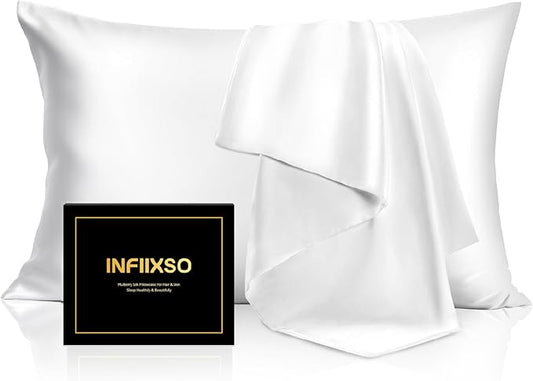 INFIIXSO Silk Pillow Cases 2 Pack Standard Size, Ultra Smooth & Soft Mulberry Silk Pillow Case for Hair and Skin, Breathable Cooling Silk Pillowcase with Hidden Zipper (White, 20x26 Inches) - Bloomnest