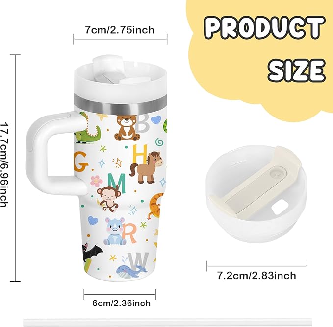 14 oz Kids Animal Alphabet Tumbler with with Handle Straw Lid, Stainless Steel Insulated Water Tumbler, Abc Letters Stuff, for Sports, School, Travel - Back to School Children Birthday Gifts Cups(1pc) - Bloomnest