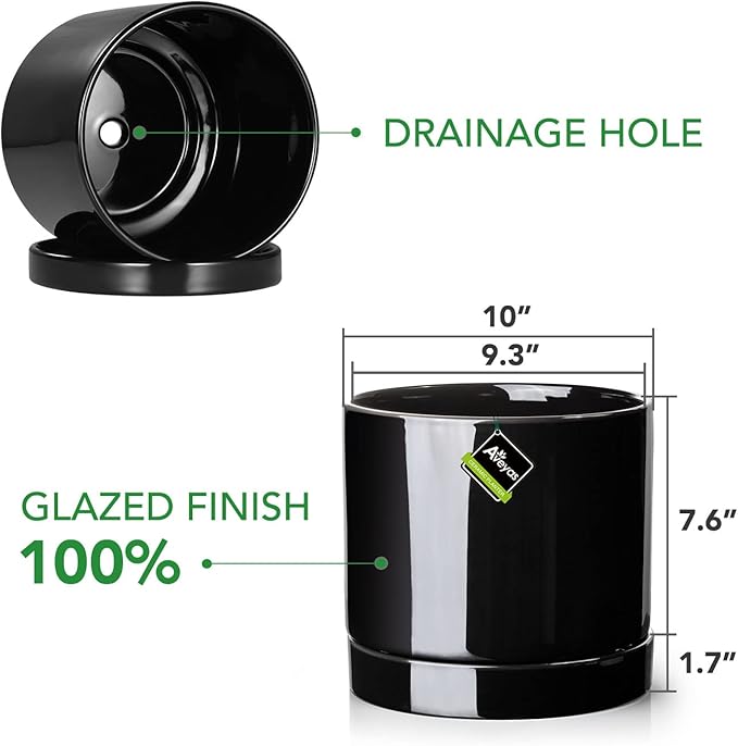 Aveyas 10 inch Ceramic Plant Pot with Drainage Hole and Saucer - Suitable for Indoor and Outdoor Use, Modern Planters for House Garden Flower Tree Snake Monstera Plants (10", Glossy Black) - Bloomnest