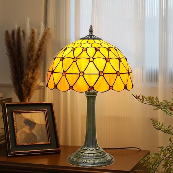 Tiffany Lamp Vintage Bead Orange Table Lamps Bedside for Bedroom Dector Stained Glass Lamps Living Room end Office Kitchen Hotel Bar Farmhouse 12 Inch Aesthetic Nightstand 70s 80s Reading Desk Light - Bloomnest