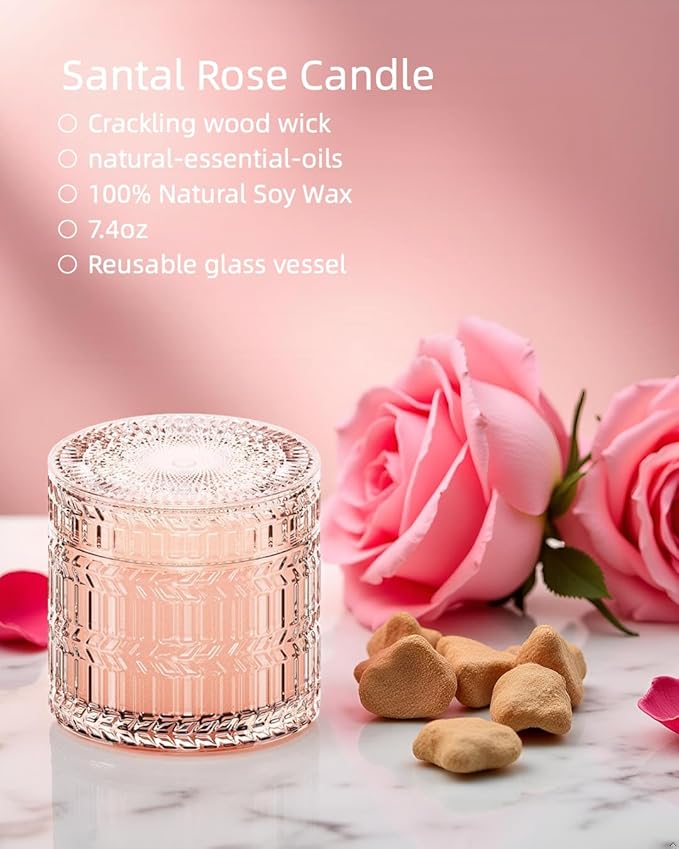 Hidden Label Sandalwood Rose Scented Candle for Home Scented, Santal Wood Wick Decorative Candles, Aromatherapy Candles for Women, Pink Soy Candles Non Toxic Candle, 7.4 oz 55 Hours Long Burn time - Bloomnest
