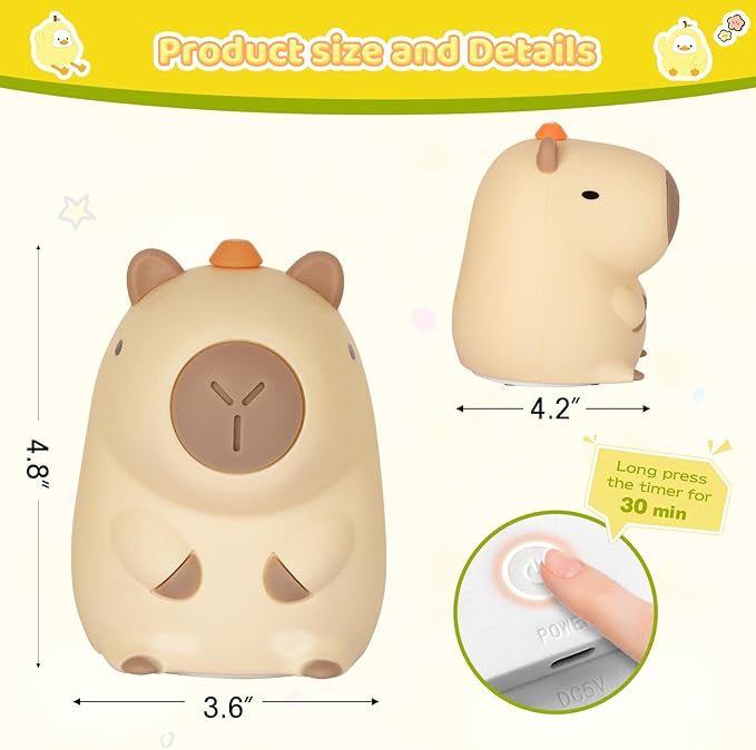 Night Light for Kids, Rechargeable Dimmable Silicone LED Nightlight with 7 Colors, Baby Nursery Night Lamp, Touch Squishy Lamp, Cute Gifts for Girls, Boys, Toddler Room Decor, Capybara - Bloomnest