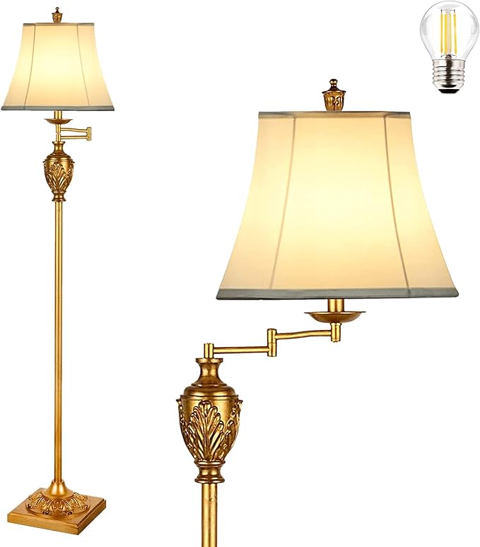 Traditional LED Floor Lamp with 350° Adjustable – Vintage Pole lamp Swing arm for Living Room, Bedroom and Office – Rustic Upright Floor Light for Home Décor with Faux Silk Fabric Shade - Bloomnest