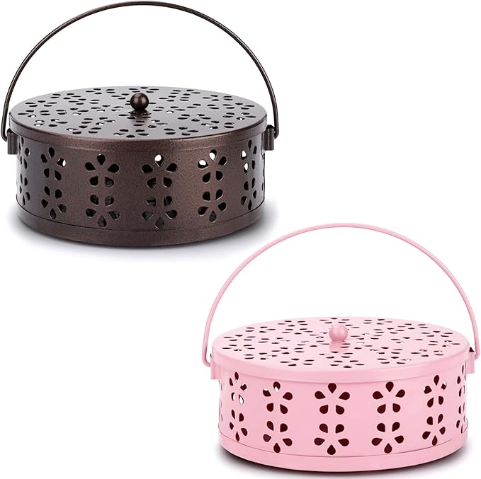 2-Pack Citronella Coil Holder Portable Iron Mosquito Coil Holder Incense Burner with Lid and Handle Round Coil Incense Holder (Bronze/Pink) - Bloomnest
