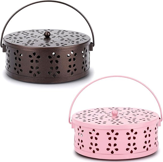 2-Pack Citronella Coil Holder Portable Iron Mosquito Coil Holder Incense Burner with Lid and Handle Round Coil Incense Holder (Bronze/Pink) - Bloomnest
